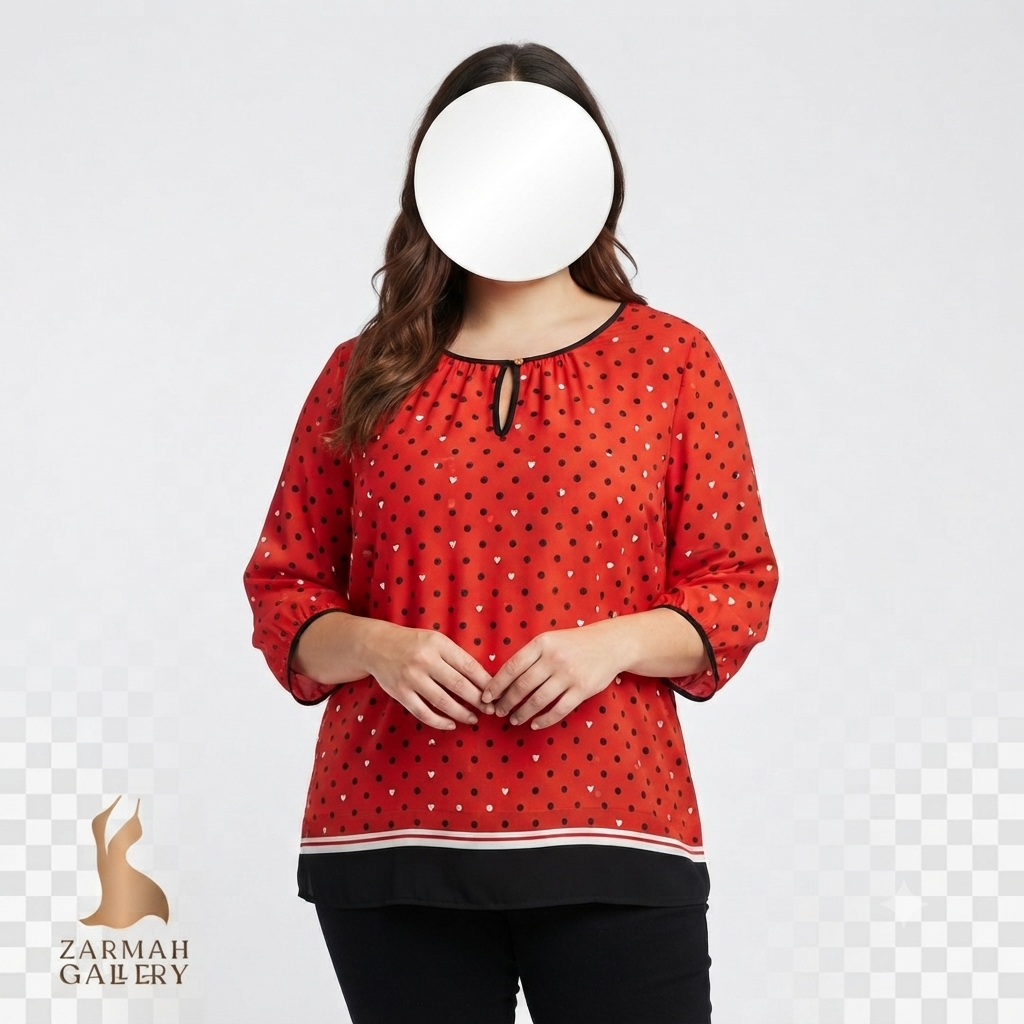 شومیز زنانه سایز بزرگ استوک وارداتی برند لیز کلایبورن طرحدار رنگ قرمز و مشکی مناسب استایل مهمانی و روزمره