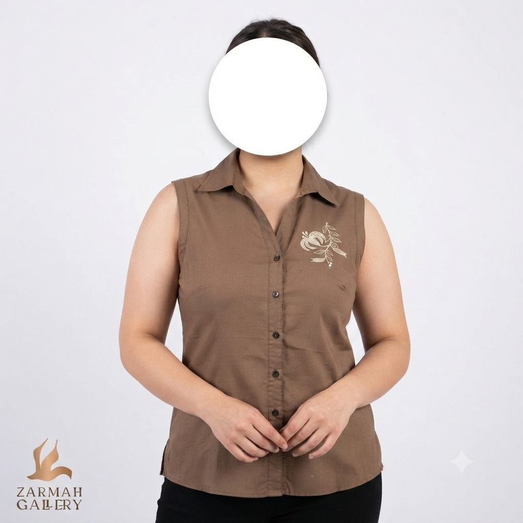 تاپ زنانه استوک وارداتی برند وایت استاگ رنگ قهوهای با گلدوزی زیبا مناسب استایل روزمره