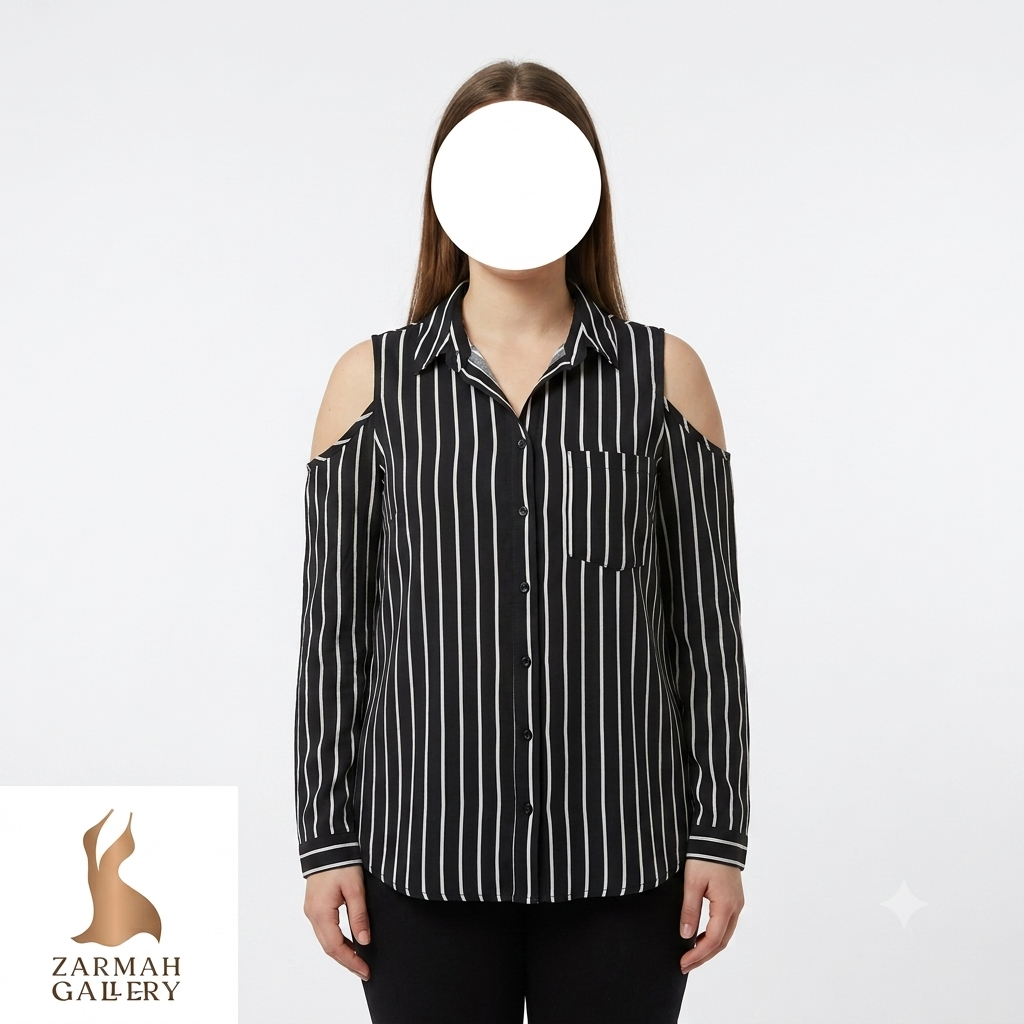 شومیز زنانه استوک وارداتی راه‌راه مشکی سفید مدل سرشانه باز سایز ۴۰ مناسب استایل تابستانه و روزمره