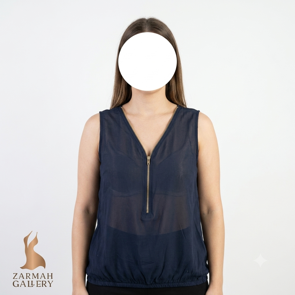 تاپ مشکی زنانه استوک اروپایی برند مای استوری زیپ‌دار سایز کوچک مناسب استایل تابستانه و مجلسی