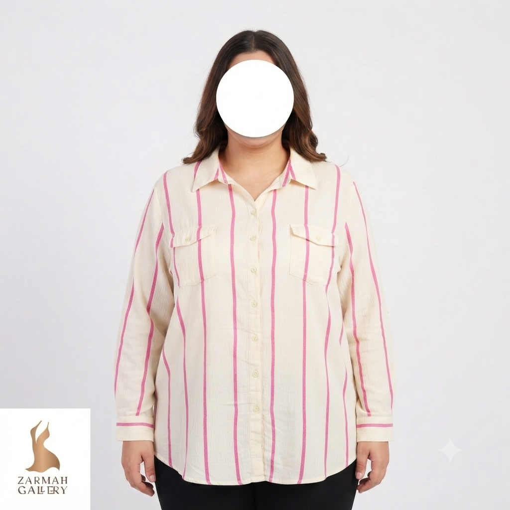 شومیز زنانه سایز بزرگ استوک برند دنیم اند کو راه‌راه سفید و صورتی آستین‌بلند مناسب استایل تابستانه