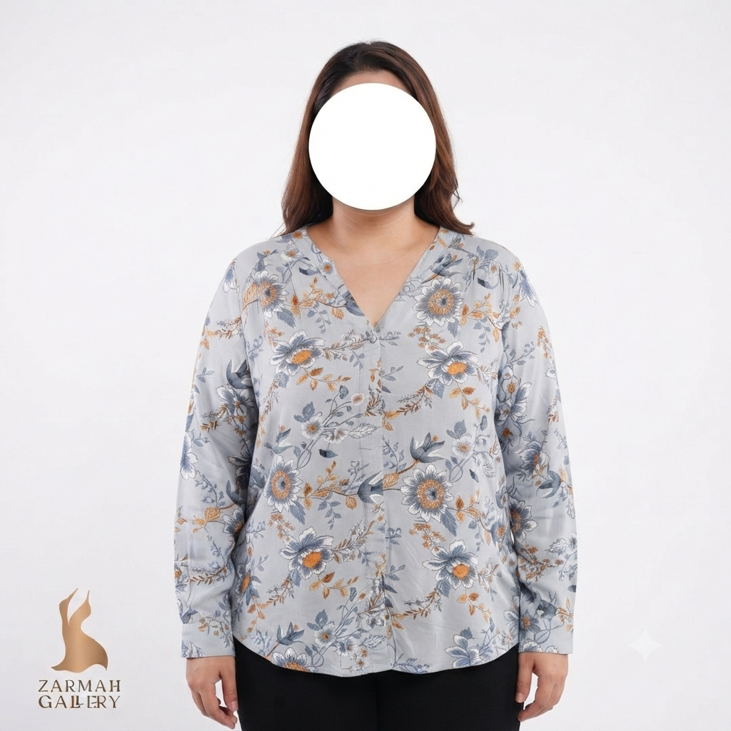شومیز زنانه سایز بزرگ استوک وارداتی برند کلیو رنگ طوسی طرح گل‌دار آستین‌بلند مناسب استایل تابستانه و روزمره