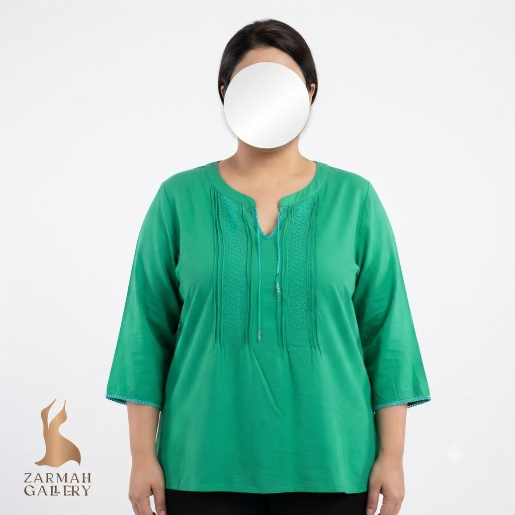 شومیز زنانه سایز بزرگ استوک وارداتی برند کیم راجرز رنگ سبز آستین سه ربع مناسب استایل تابستانه و روزمره