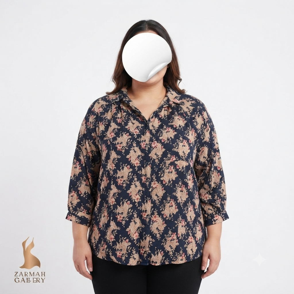 شومیز زنانه سایز بزرگ استوک وارداتی برند مگی بارنز طرحدار رنگ تیره یقه برگردان آستین سه ربع مناسب استایل روزمره و تابستانه