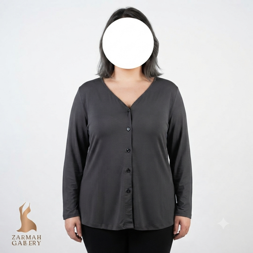 شومیز زنانه سایز بزرگ استوک وارداتی برند جسیکا لندن رنگ مشکی یقه هفت آستین بلند مناسب استایل روزمره و رسمی