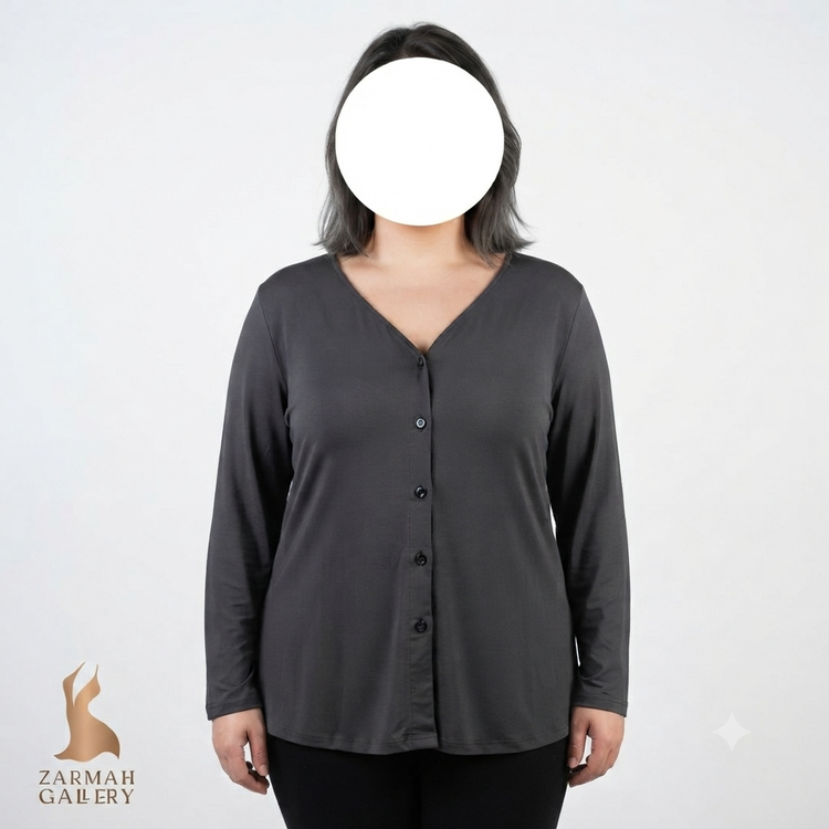 شومیز زنانه سایز بزرگ استوک وارداتی برند جسیکا لندن رنگ مشکی یقه هفت آستین بلند مناسب استایل روزمره و رسمی