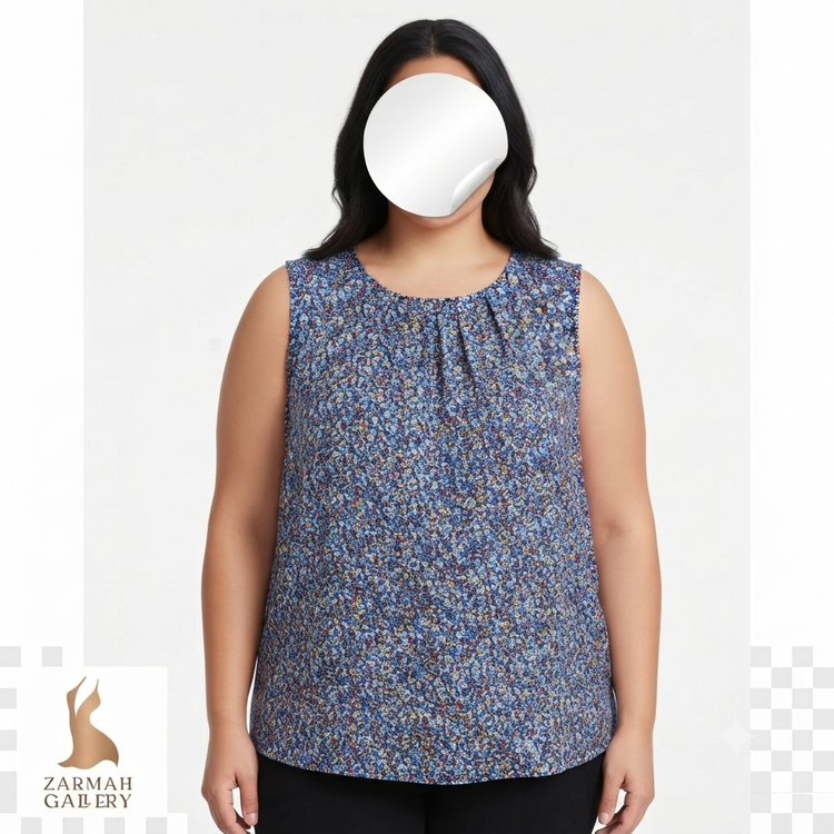 تاپ زنانه سایز بزرگ استوک وارداتی برند لیز کلبرن رنگ آبی طرحدار یقه گرد مناسب استایل روزمره و تابستانه