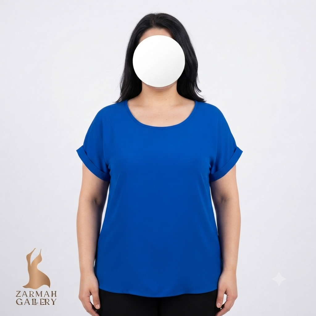 شومیز زنانه استوک وارداتی رنگ آبی کاربنی یقه گرد آستین کوتاه مناسب استایل روزمره و تابستانه
