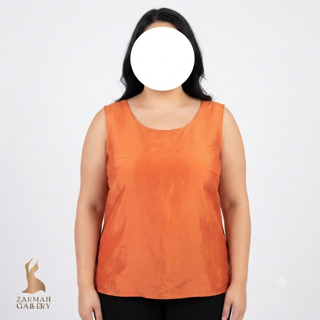 تاپ زنانه استوک وارداتی رنگ نارنجی یقه گرد بدون آستین مناسب استایل تابستانه و روزمره