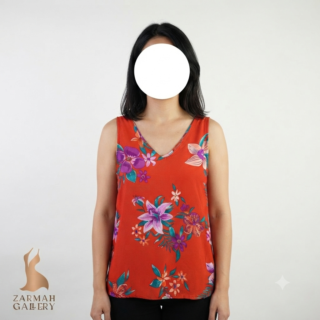 تاپ زنانه استوک وارداتی رنگ نارنجی با طرح گلهای رنگی سایز ۴۰.۴۲ مناسب استایل تابستانه و خنک