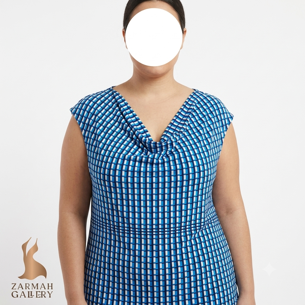 تاپ زنانه سایزبزرگ استوک وارداتی برند لین برینت طرح هندسی آبی سفید یقه دراپه