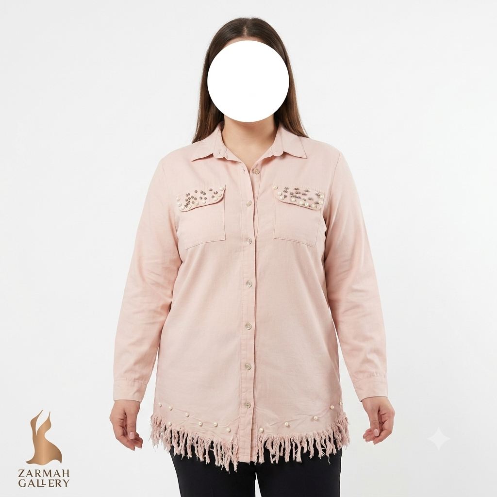 شومیز زنانه سایز بزرگ استوک برند امت رنگ صورتی پاستیلی سایز ۴۲ مرواریددوزی شده مناسب استایل روزمره و مجلسی