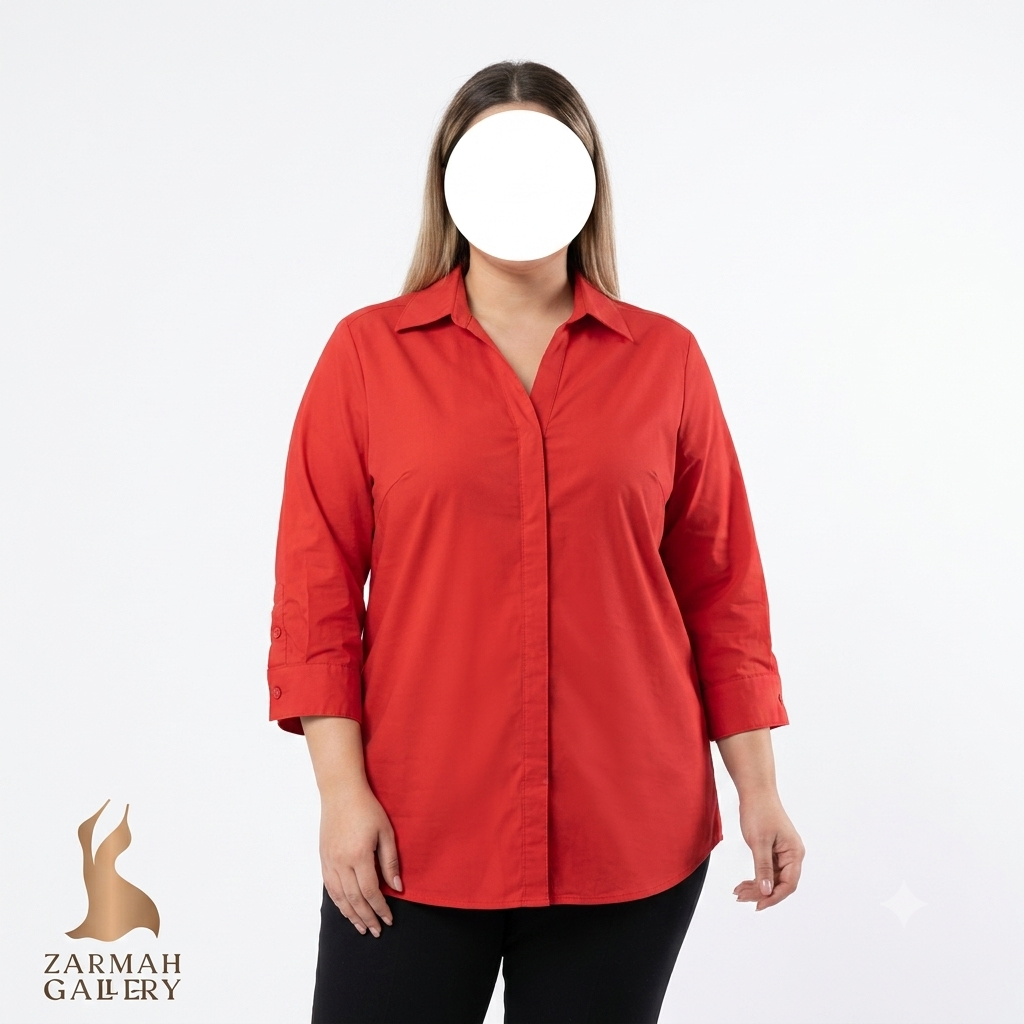 شومیز زنانه سایز بزرگ استوک برند بیسیک ادیشنز رنگ قرمز سایز فری مناسب استایل روزمره و رسمی