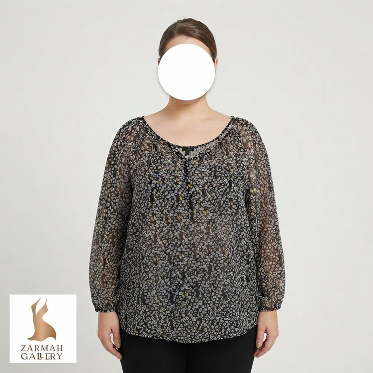 شومیز زنانه سایزبزرگ حریر طرحدار برند جیسیکا سیمپسون رنگ مشکی سفید سایز 2X کد ۲