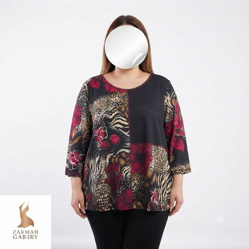 شومیز زنانه سایز بزرگ استوک اروپایی طرح دار ترکیب پلنگی و گلدار مشکی و زرشکی کد 3330