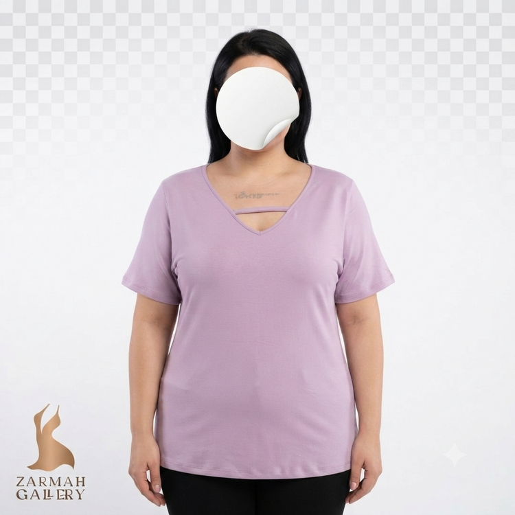 تیشرت زنانه سایز بزرگ استوک وارداتی برند ترنکویلیتی رنگ یاسی یقه هفت کد 3334