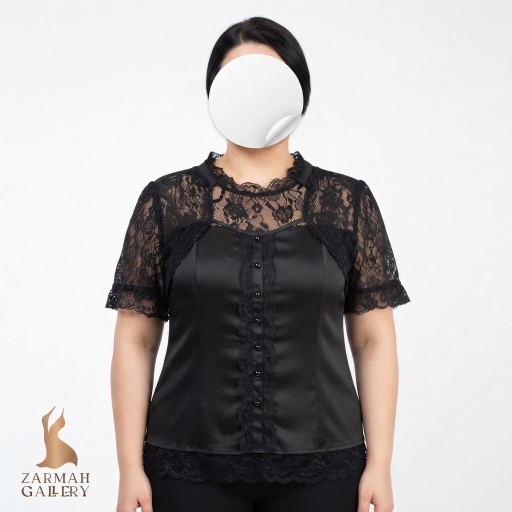 شومیز زنانه مجلسی استوک وارداتی رنگ مشکی با خرج‌کار گیپور کد 3349 مناسب سایز 42 و 44