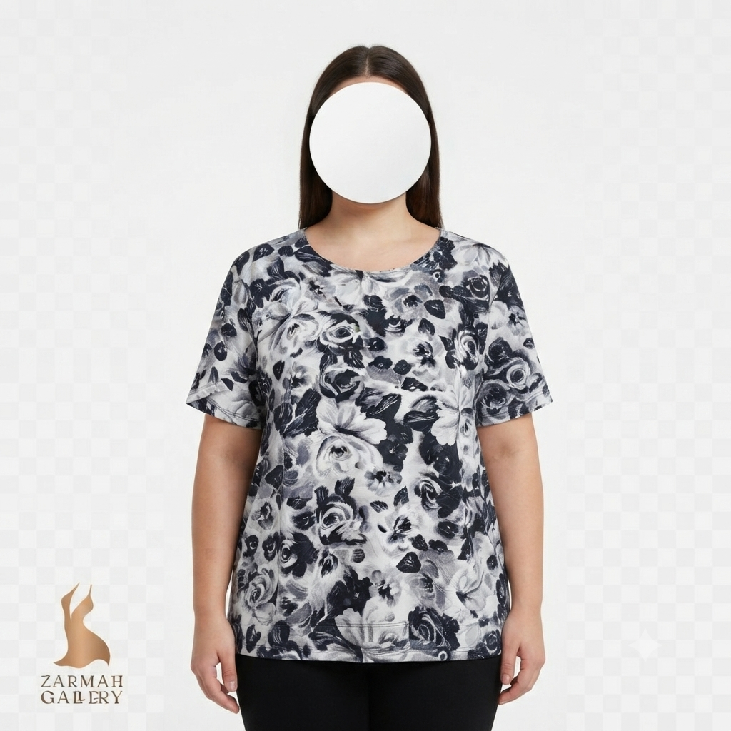 تیشرت زنانه استوک وارداتی برند JM Collection طرح گل‌دار آبرنگی سفید مشکی کد 3344