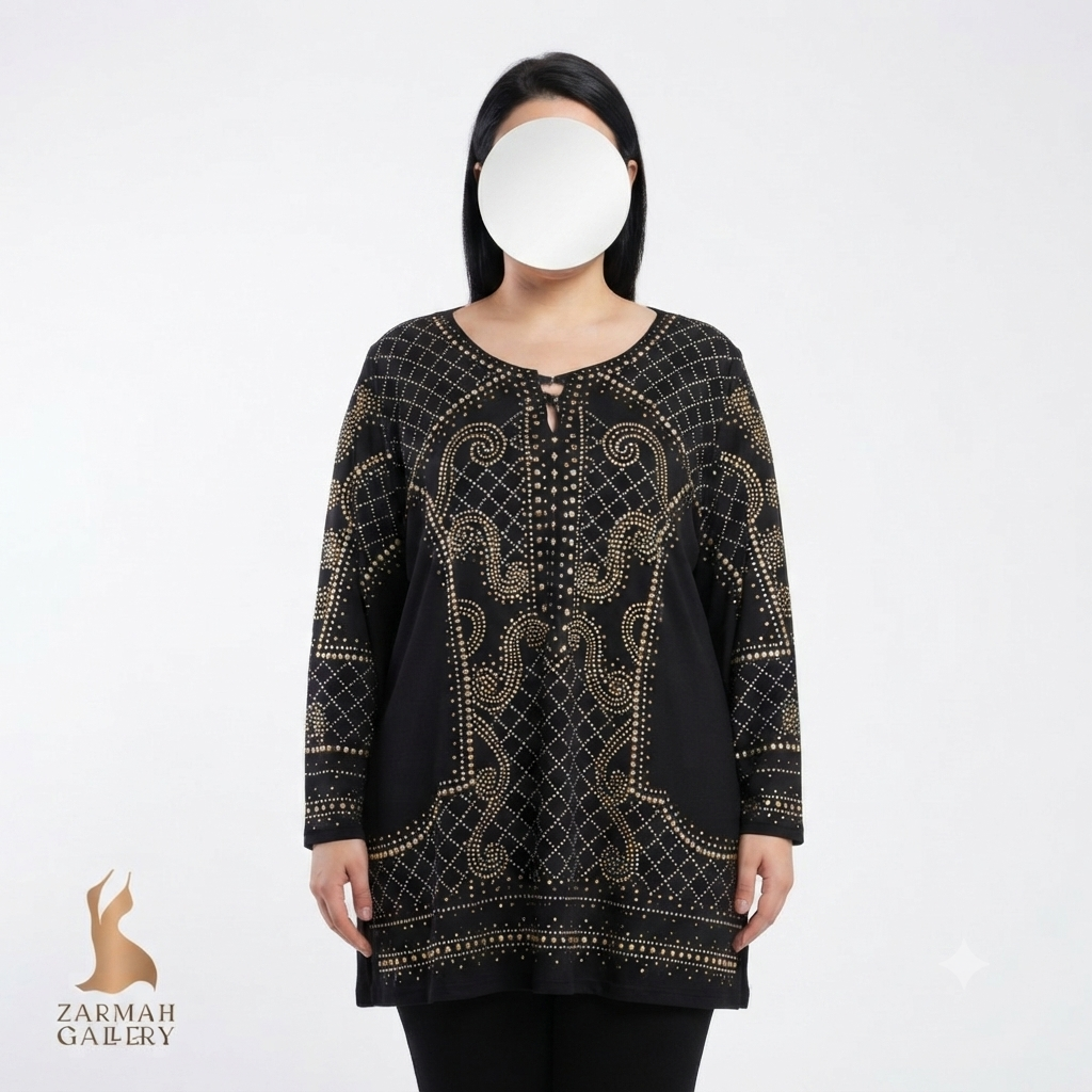 شومیز تونیک زنانه سایزبزرگ استوک وارداتی برند JM Collection مشکی با نگین‌دوزی طلایی کد 3357 مناسب سایز 60 و 62