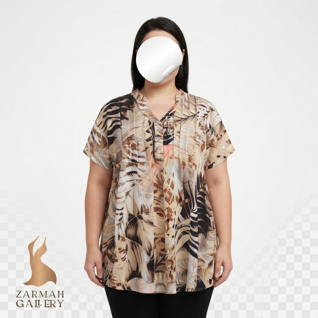 شومیز زنانه سایزبزرگ استوک وارداتی برند ان تاچ رنگ کرم قهوه‌ای طرح هاوایی کد 2 مناسب سایز 50
