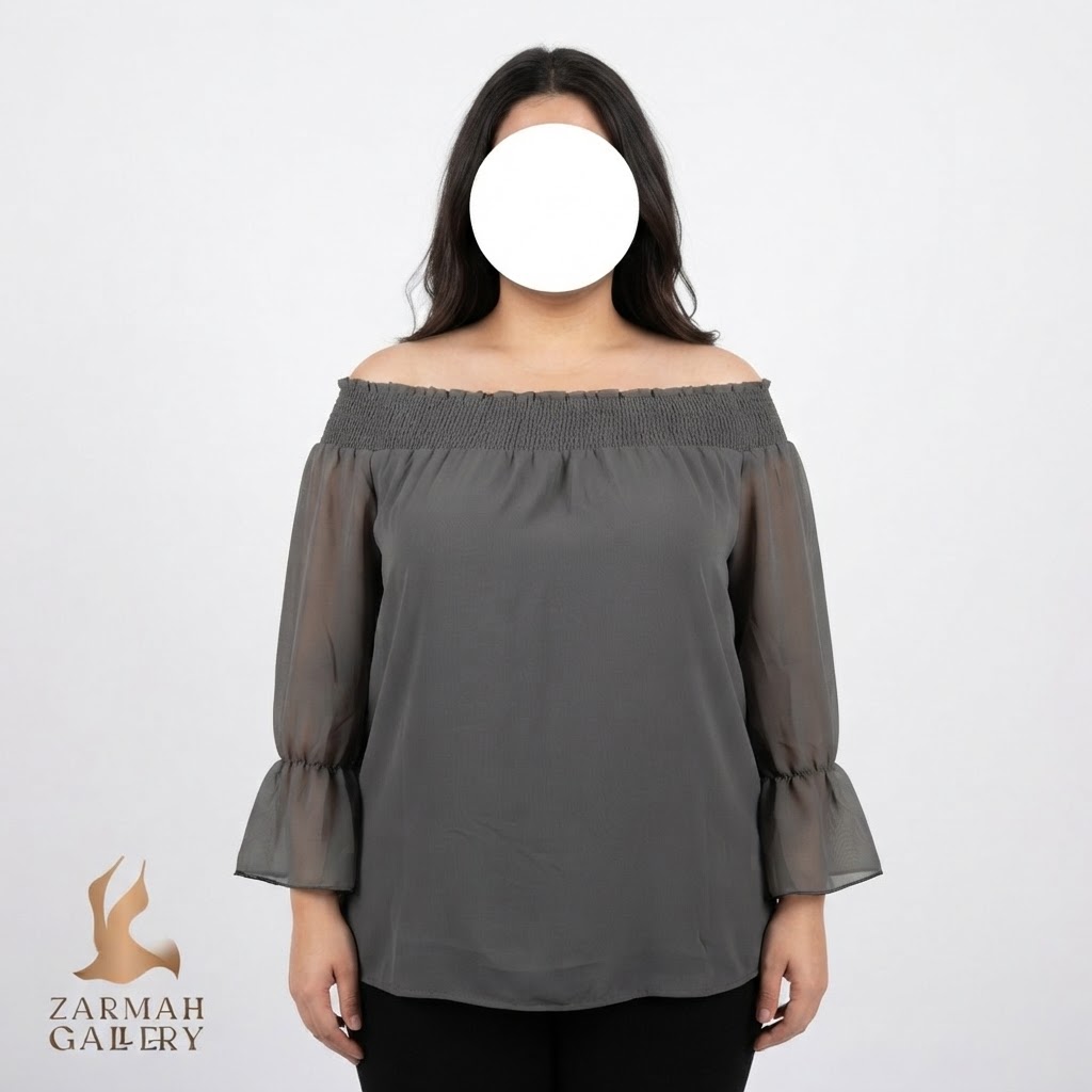 شومیز زنانه سایزبزرگ استوک وارداتی برند تورید رنگ طوسی یقه قایقی دکلته کد 2
