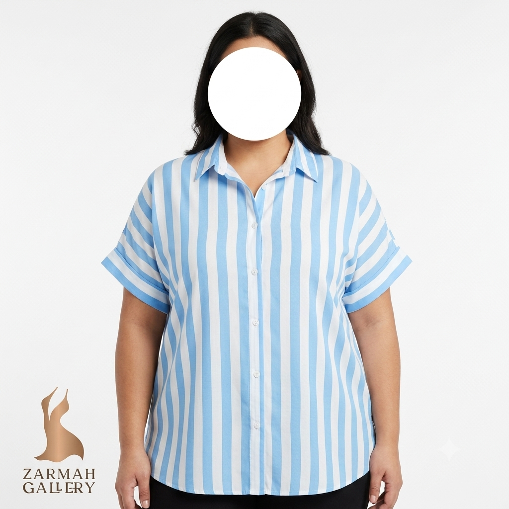 شومیز زنانه راه راه آبی و سفید سایز بزرگ استوک وارداتی مناسب استایل تابستانی و روزمره