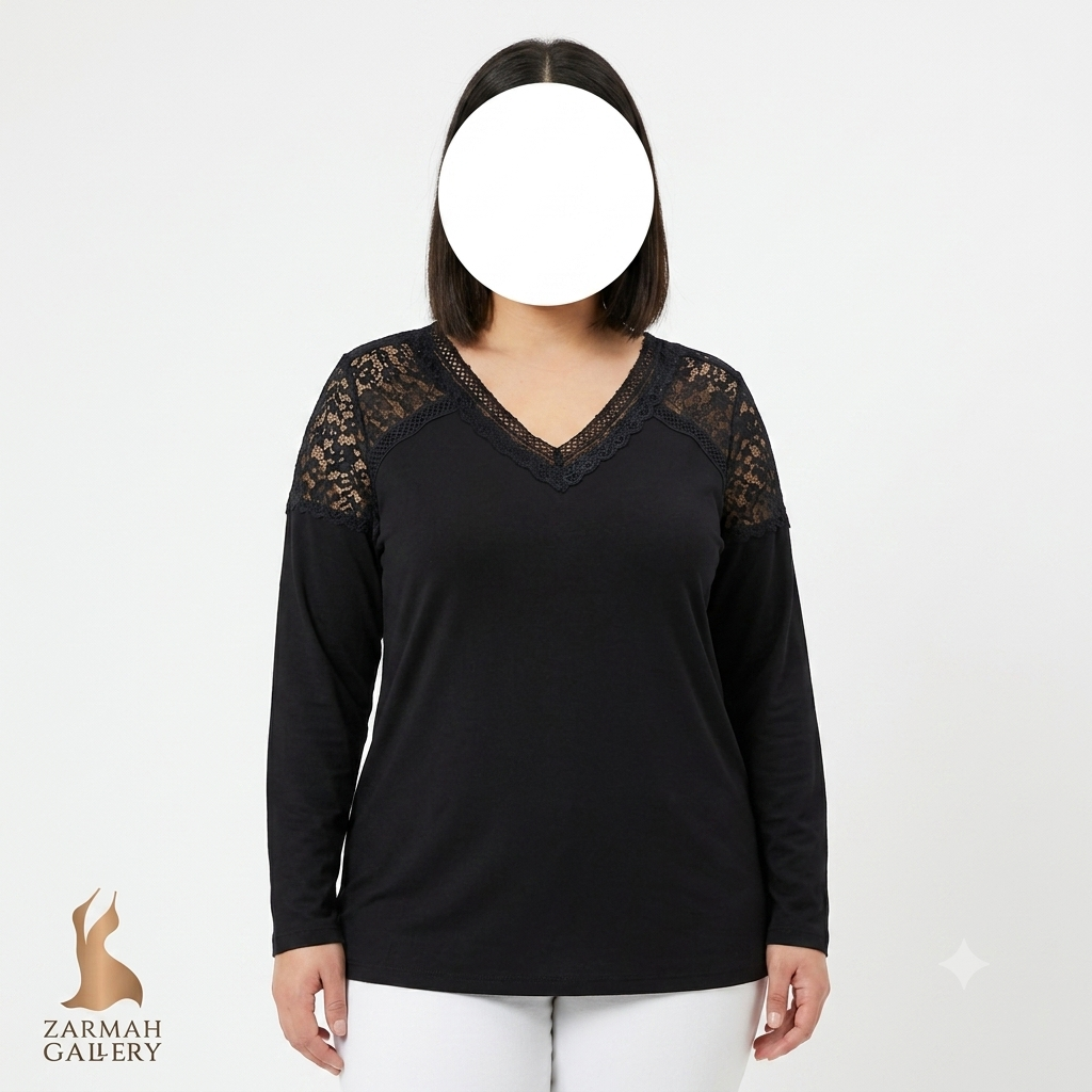 شومیز زنانه مشکی سرشانه گیپور سایز بزرگ استوک وارداتی مناسب استایل مجلسی و نیمهرسمی سایز ۴۸