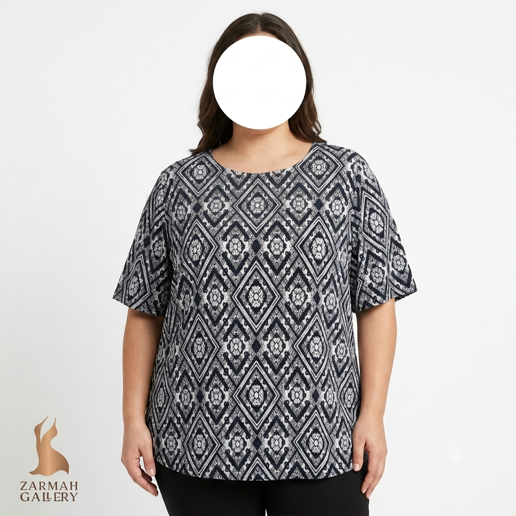 تیشرت زنانه سایز بزرگ استوک وارداتی برند JM Collection طرحدار سیاه و سفید مناسب استایل روزمره و خانگی سایز ۵۴