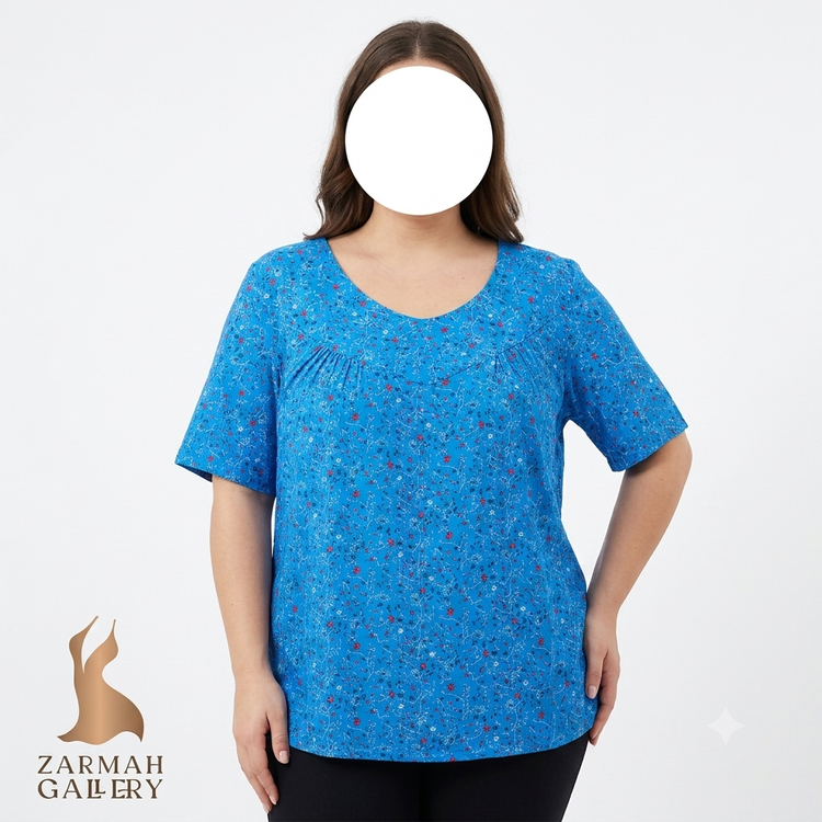 شومیز زنانه سایز بزرگ استوک اروپایی رنگ آبی با طرح ریزگل مناسب استایل تابستانه و روزمره