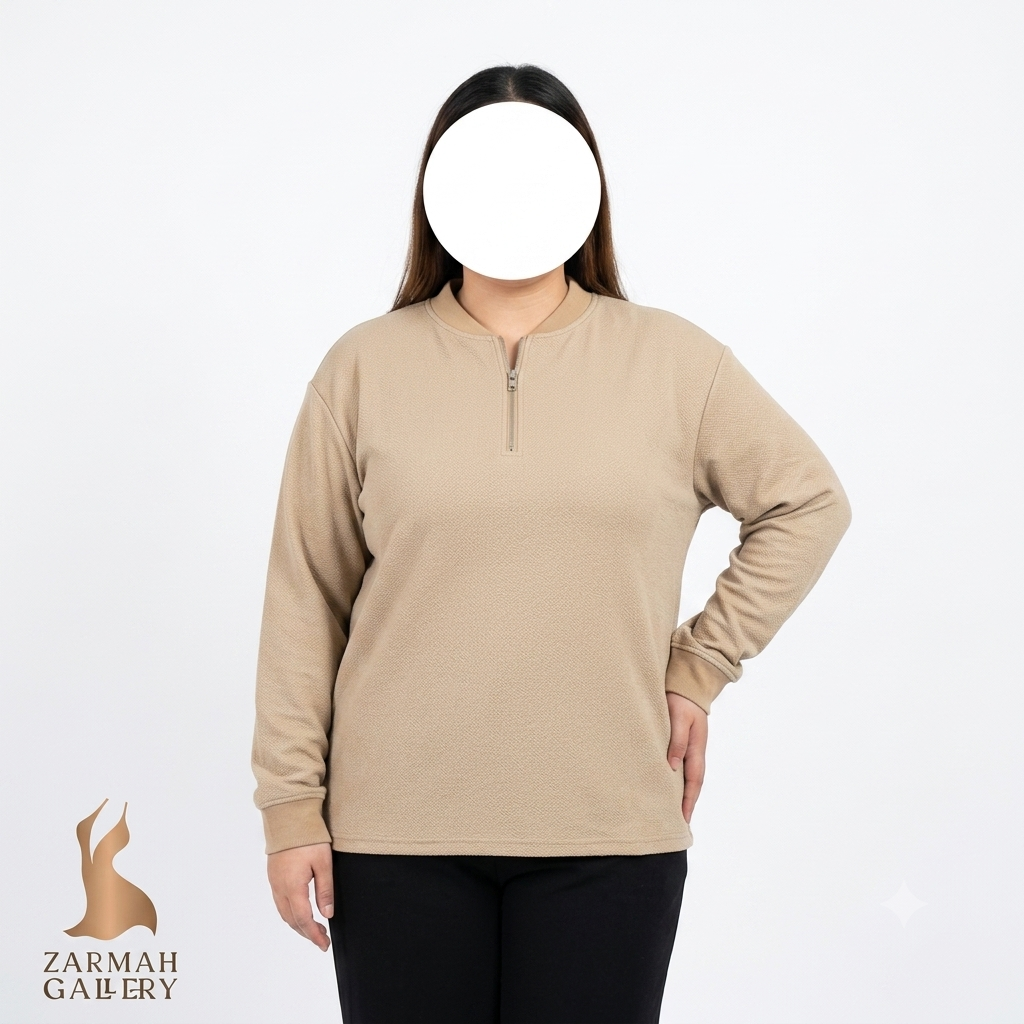 شومیز زنانه سایز بزرگ استوک اروپایی برند کوفندی رنگ کرمی نیمه زیپدار مناسب استایل اسپرت و کژوال