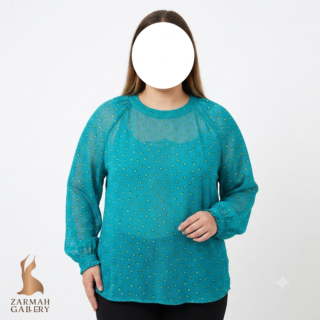 شومیز زنانه سایز بزرگ استوک اروپایی برند ال رنگ سبز و آبی طرح دایره‌ای مناسب استایل مجلسی و تابستانه