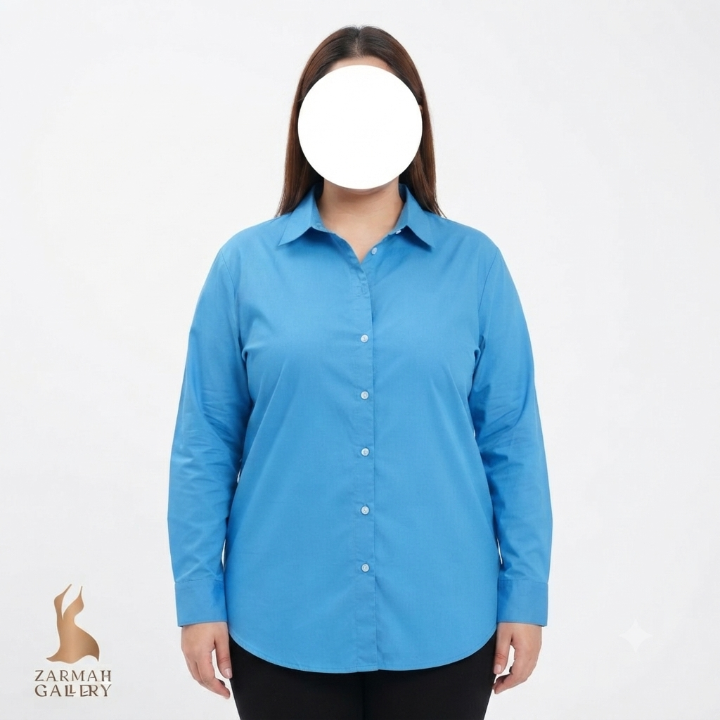 شومیز زنانه سایز بزرگ استوک وارداتی برند هارتول رنگ آبی روشن یقه برگردان مناسب استایل رسمی و روزمره