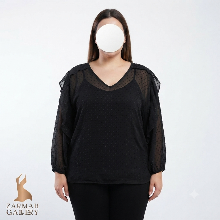 شومیز زنانه سایز بزرگ استوک وارداتی برند بل کیم گرافل رنگ مشکی طرحدار با آستین چیندار مناسب استایل مجلسی و مهمانی