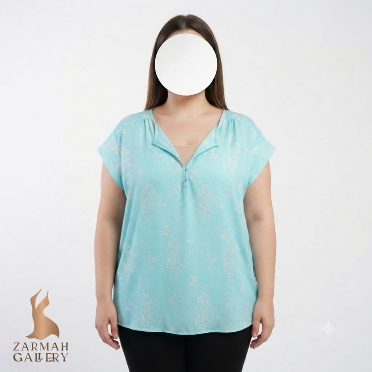 شومیز زنانه سایز بزرگ استوک وارداتی برند پنمنز رنگ آبی طرحدار یقه هفت دکمهدار مناسب استایل تابستانه و روزمره