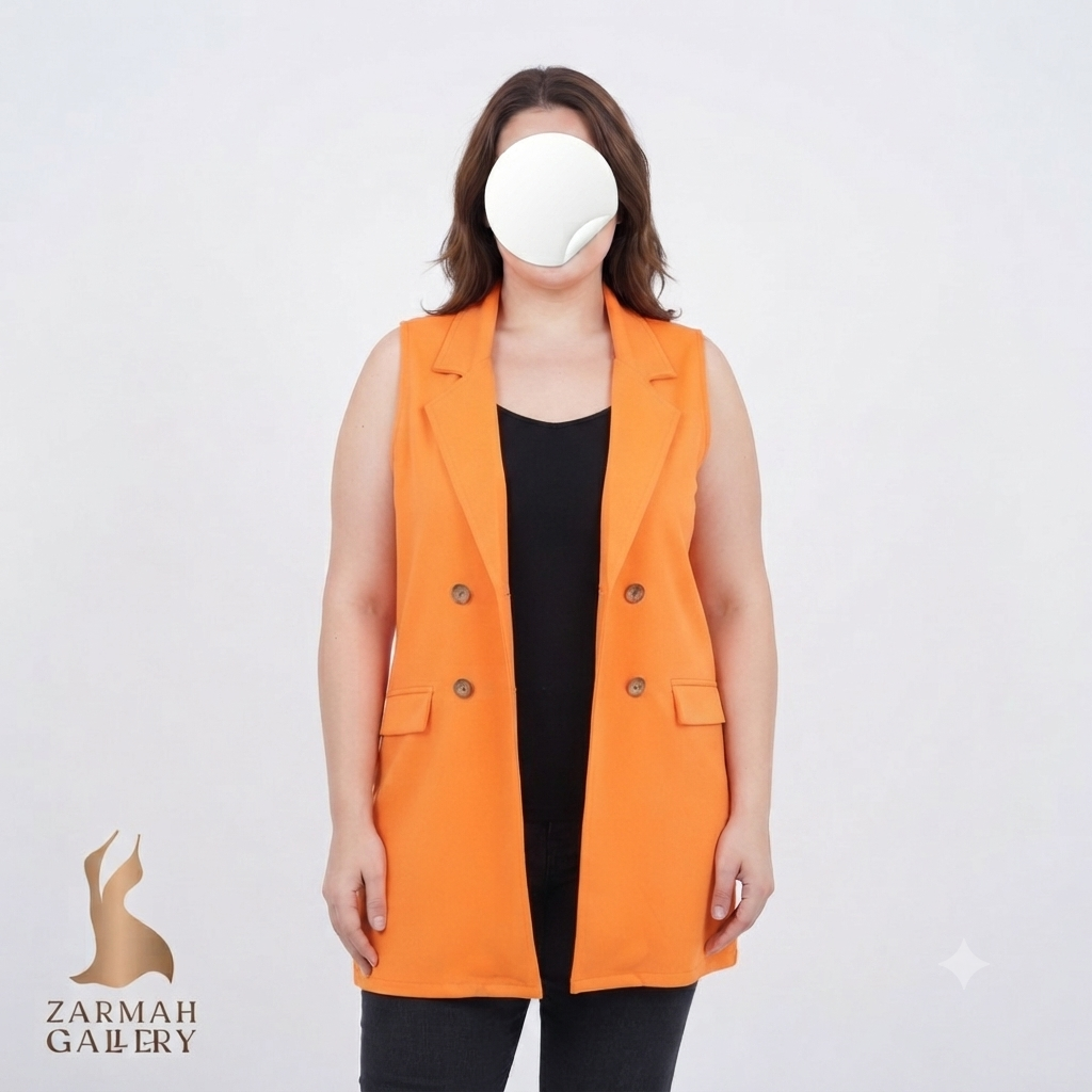 رویه و جلیقه کت زنانه استوک وارداتی رنگ نارنجی روشن مدل بدون آستین یقه انگلیسی مناسب استایل رسمی و تابستانه