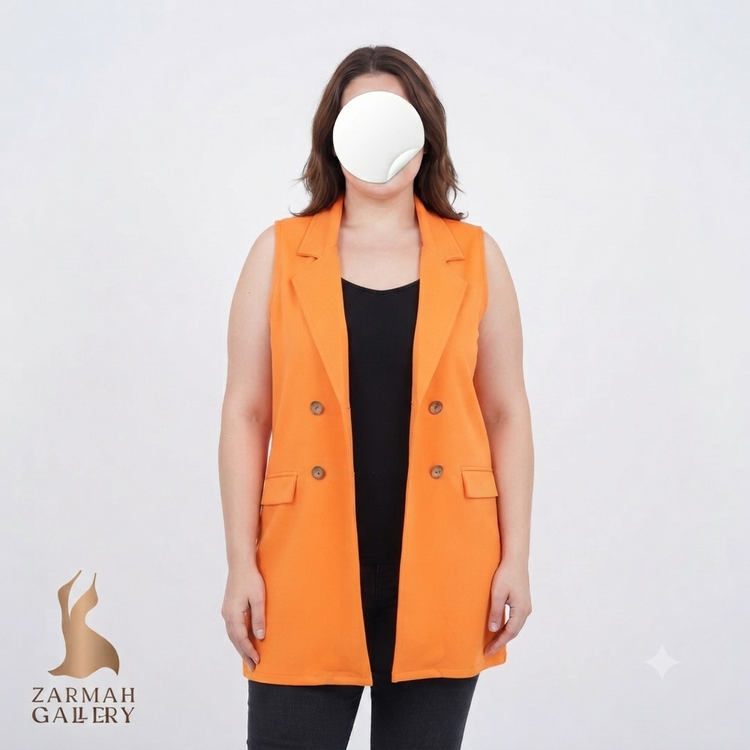 رویه و جلیقه کت زنانه استوک وارداتی رنگ نارنجی روشن مدل بدون آستین یقه انگلیسی مناسب استایل رسمی و تابستانه