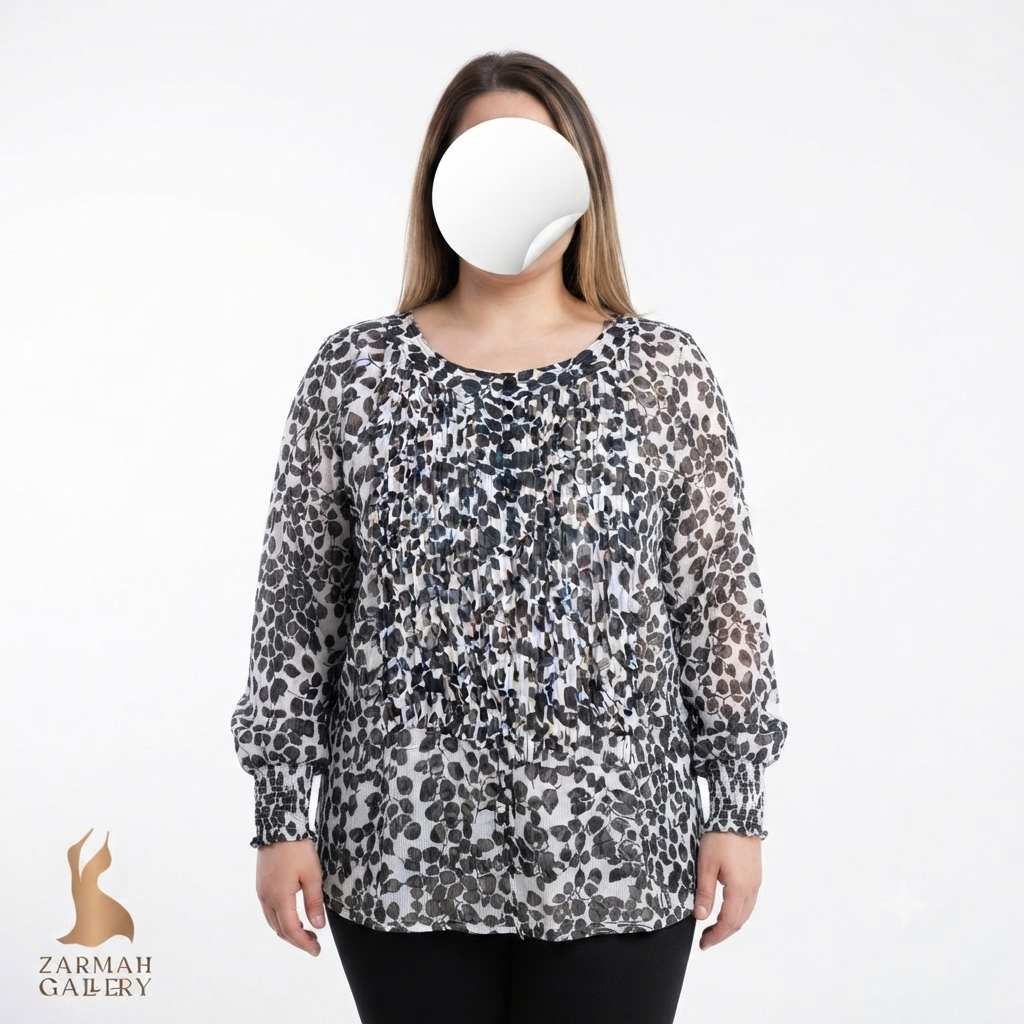 شومیز زنانه سایز بزرگ استوک اروپایی برند جورج ام طرح برگ مشکی و سفید سایز ۴X مناسب استایل مجلسی و نیمه‌رسمی
