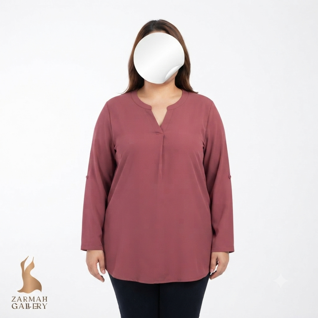 تصویر شومیز زنانه مارک تایمسون رنگ زرشکی سایز بزرگ تن‌خور مدل یقه چاک‌دار