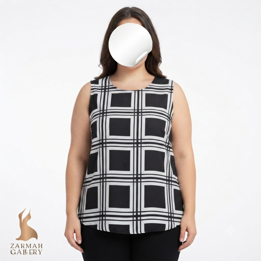 تاپ زنانه استوک اروپایی طرح هندسی و چهارخونه مشکی و سفید مناسب استایل تابستانی و اسپرت