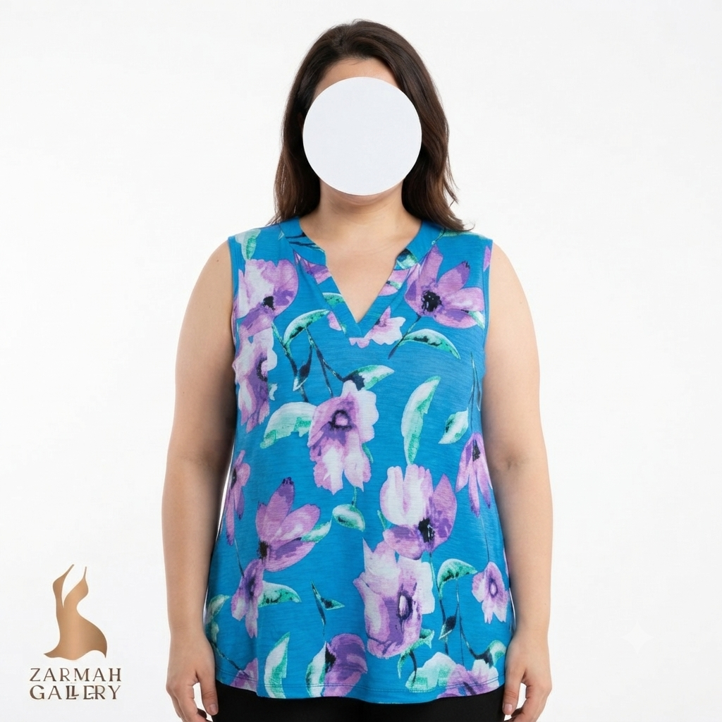 تاپ زنانه استوک اروپایی طرح گلدار رنگ آبی و بنفش مناسب استایل خنک تابستانی و روزمره