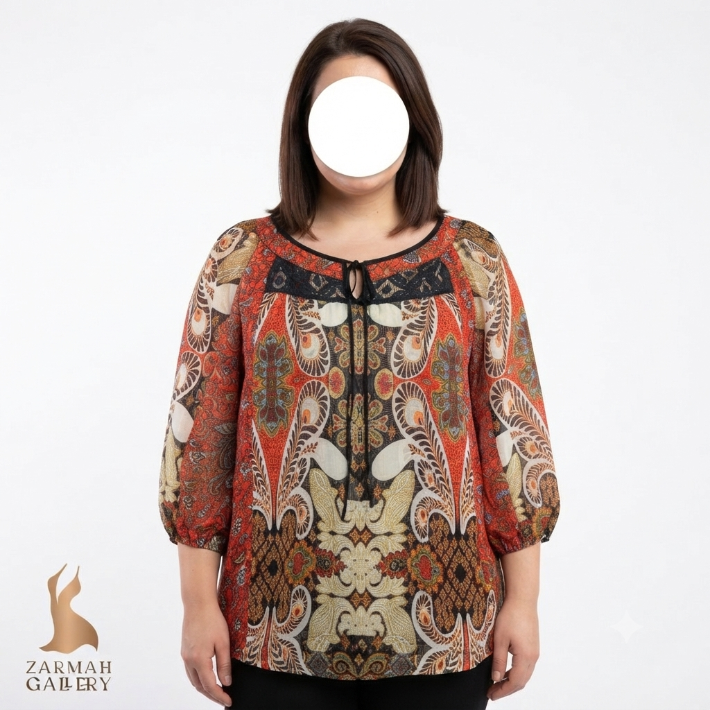 شومیز زنانه سایز بزرگ استوک وارداتی برند فیگ اند فلاور طرح سنتی رنگ نارنجی مناسب استایل شیک و روزمره