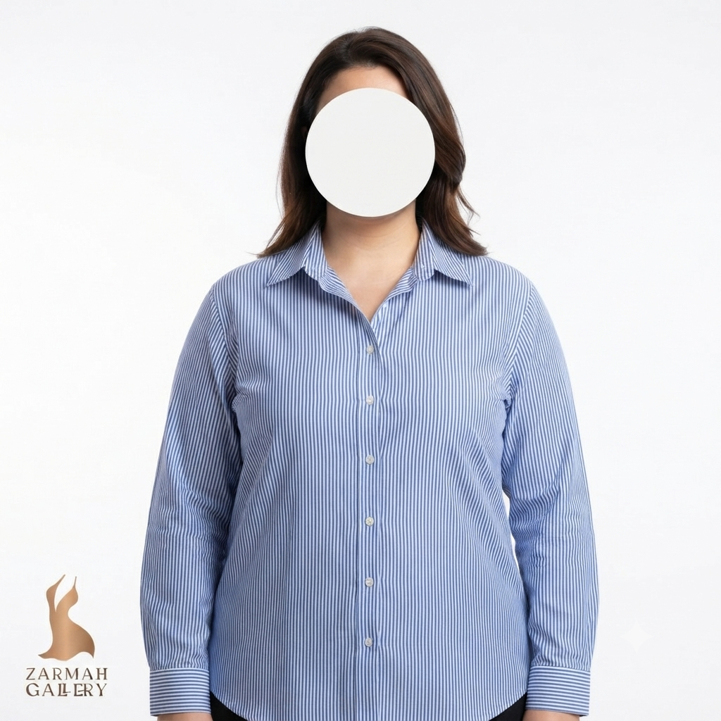 شومیز زنانه سایز بزرگ استوک وارداتی برند تامی هایلفیگر طرح راهراه آبی و سفید مناسب استایل رسمی و روزمره