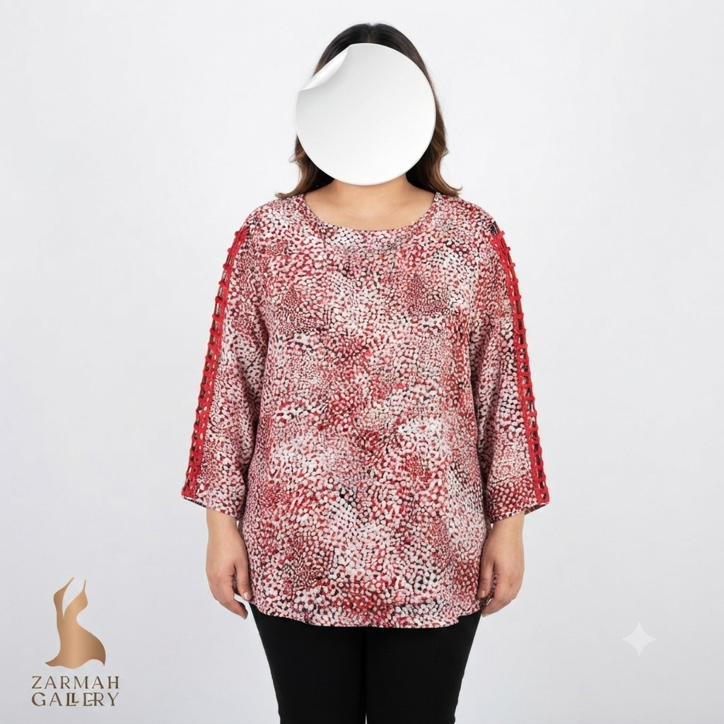 شومیز زنانه سایز بزرگ استوک وارداتی برند اولیو اند مارتین طرح‌دار رنگ قرمز و سفید با جزئیات خاص آستین مناسب استایل شیک