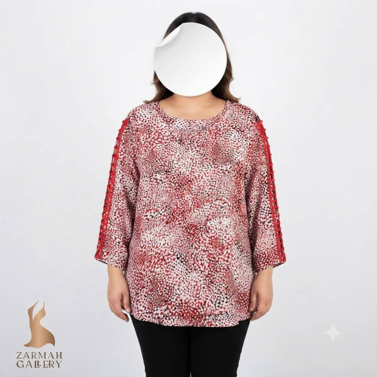 شومیز زنانه سایز بزرگ استوک وارداتی برند اولیو اند مارتین طرحدار رنگ قرمز و سفید با جزئیات خاص آستین مناسب استایل شیک