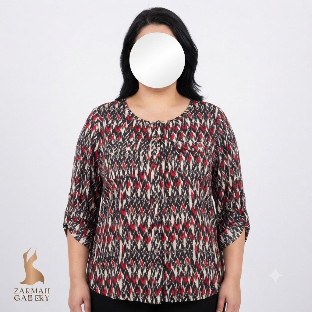 شومیز زنانه سایز بزرگ استوک وارداتی طرح‌دار رنگ مشکی و قرمز با جزئیات دکمه‌دار مناسب استایل روزمره و شیک