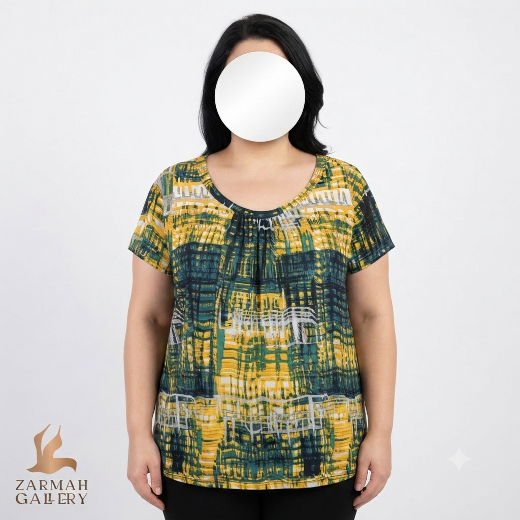 تیشرت زنانه سایز بزرگ استوک وارداتی برند ورثینگتون طرح‌دار رنگ زرد و سبز مناسب استایل روزمره و راحت
