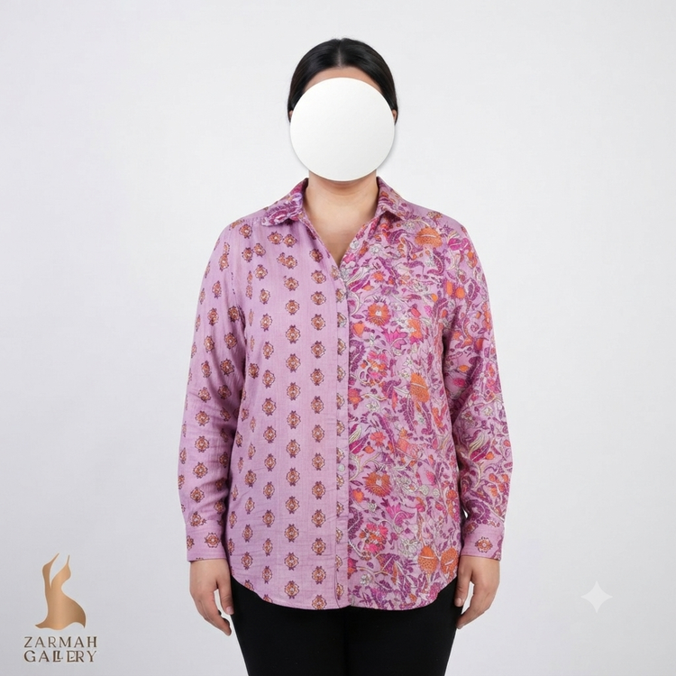 شومیز زنانه سایز بزرگ استوک وارداتی برند ناکس روز طرحدار رنگ یاسمنی و صورتی مناسب استایل رسمی و شیک