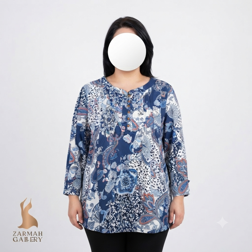 شومیز زنانه سایز بزرگ استوک وارداتی طرح‌دار رنگ سرمه‌ای و سفید مناسب استایل روزمره و راحت