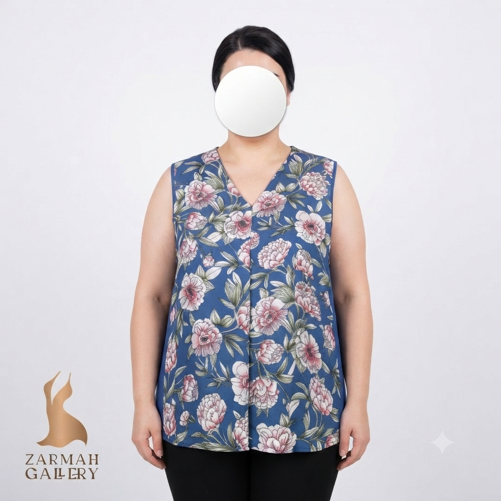 تاپ زنانه گل‌دار استوک وارداتی برند کارول روز رنگ آبی با طرح گل‌های صورتی مناسب استایل روزمره و تابستانه
