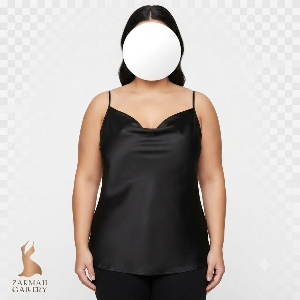 تاپ زنانه سایز بزرگ استوک وارداتی برند تورید رنگ مشکی مدل یقه افتاده و بند قابل تنظیم مناسب مهمانی و استایل شیک